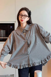 Vintage Plaid Pattern Ruffled Blouse Shirt